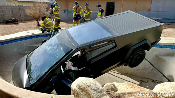 Tesla Cybertruck Spots Pool, Leaps Right In | Carscoops